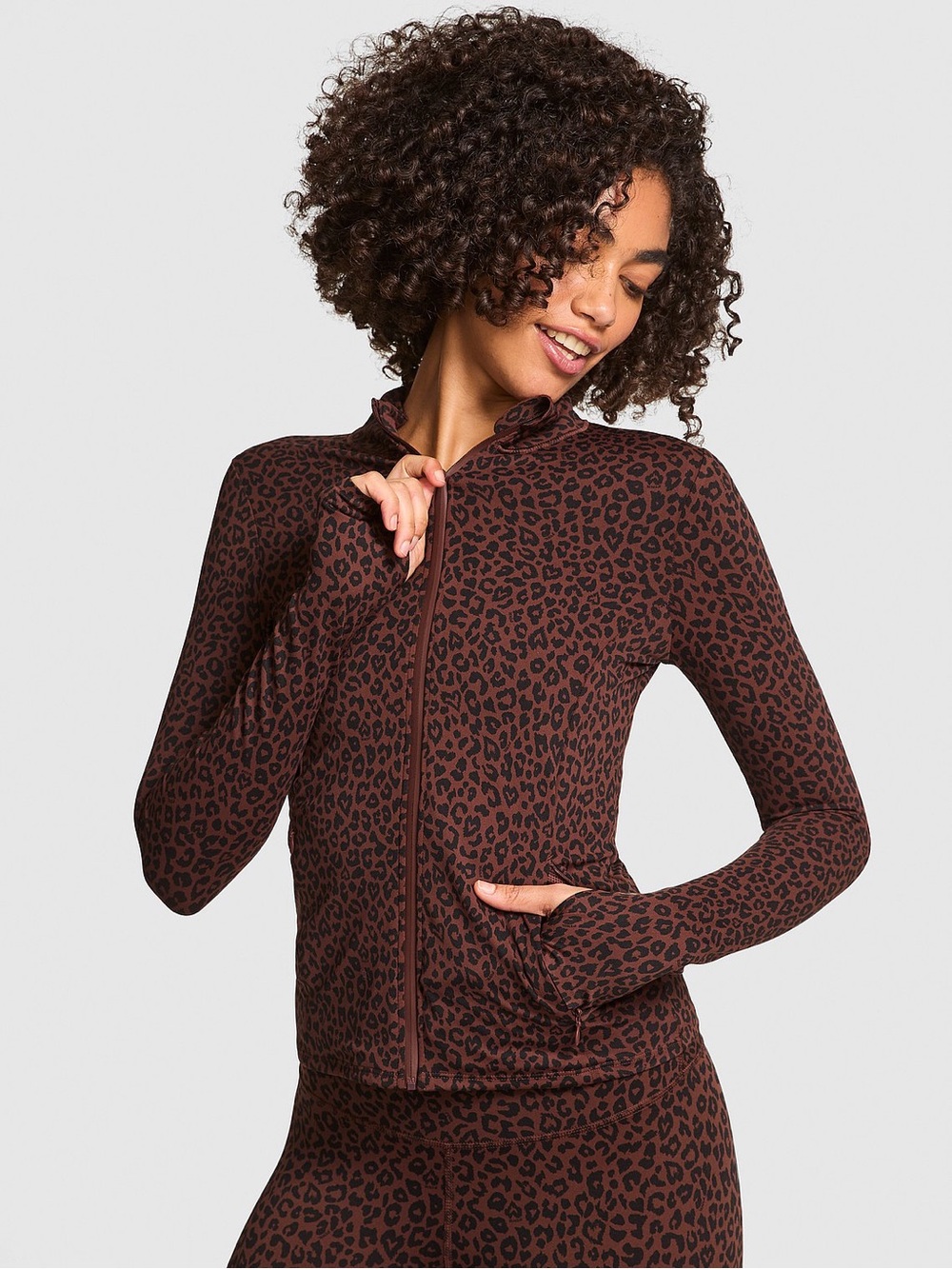 PINK Victoria's Secret Relay Brown Leopard Zip-Up Jacket SZ. S